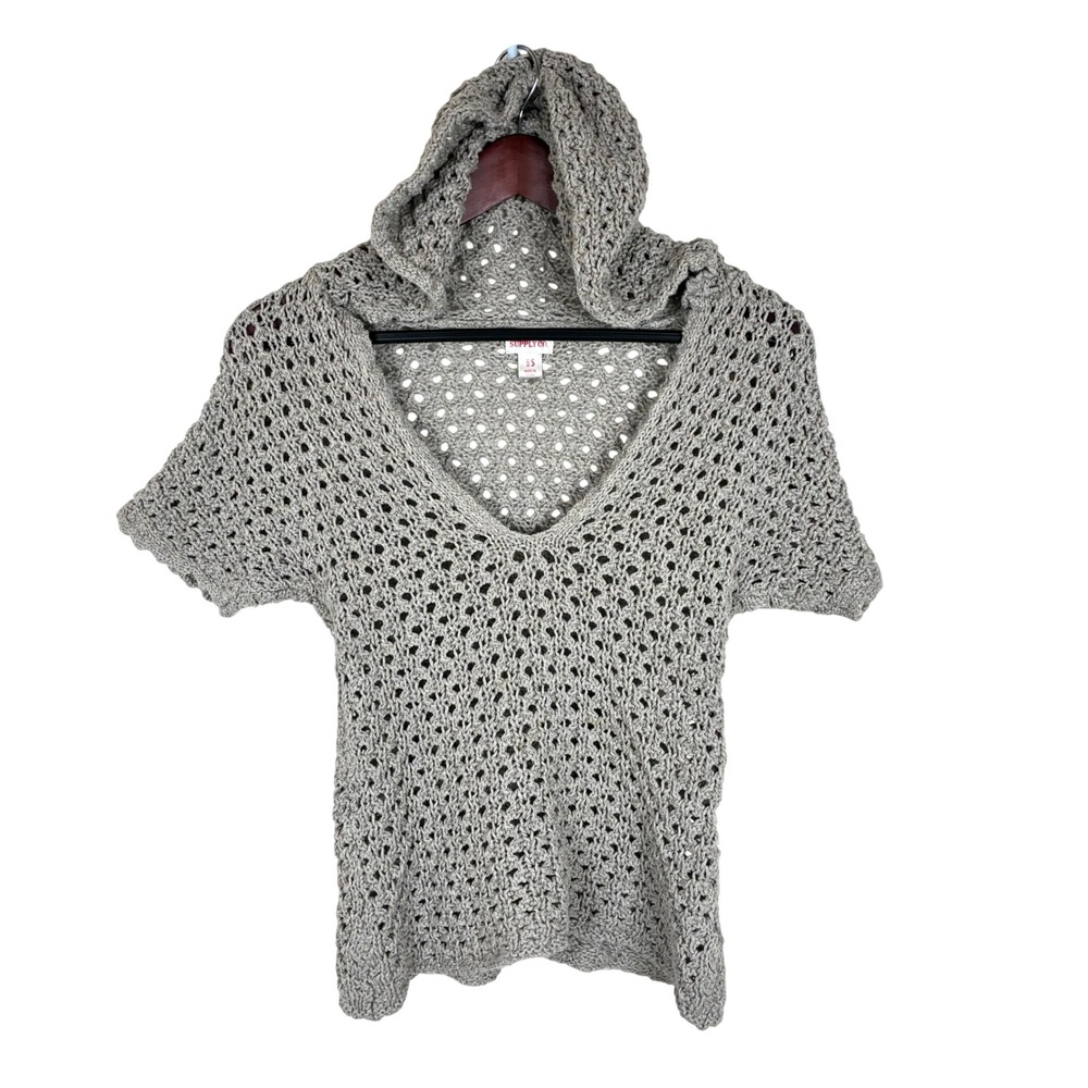Womens Top S %100 Cotton Hooded Crochet Beachy Coastal Boho Open Knit Grunge